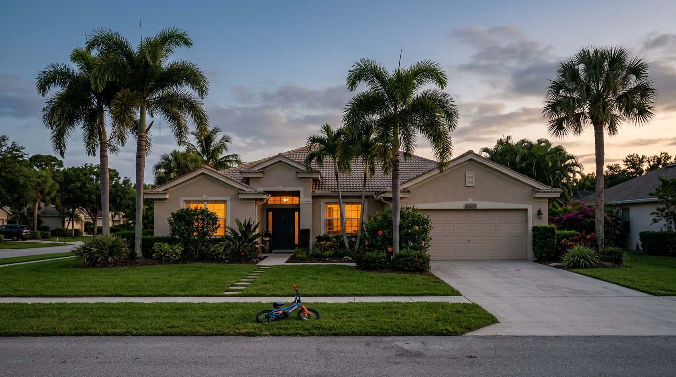Maison de banlieue en Floride avec un vélo d'enfant sur la pelouse