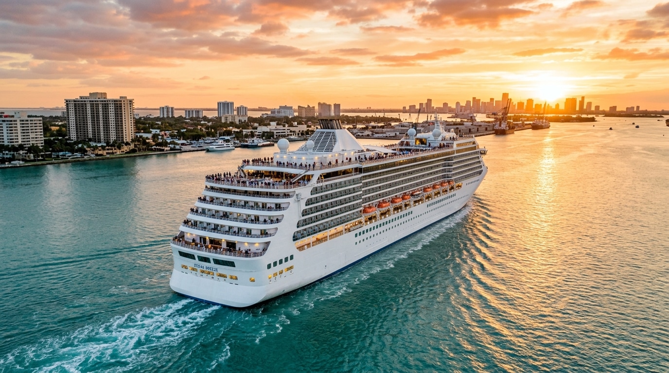 Paquebot de croisière quittant un port de Floride au coucher du soleil