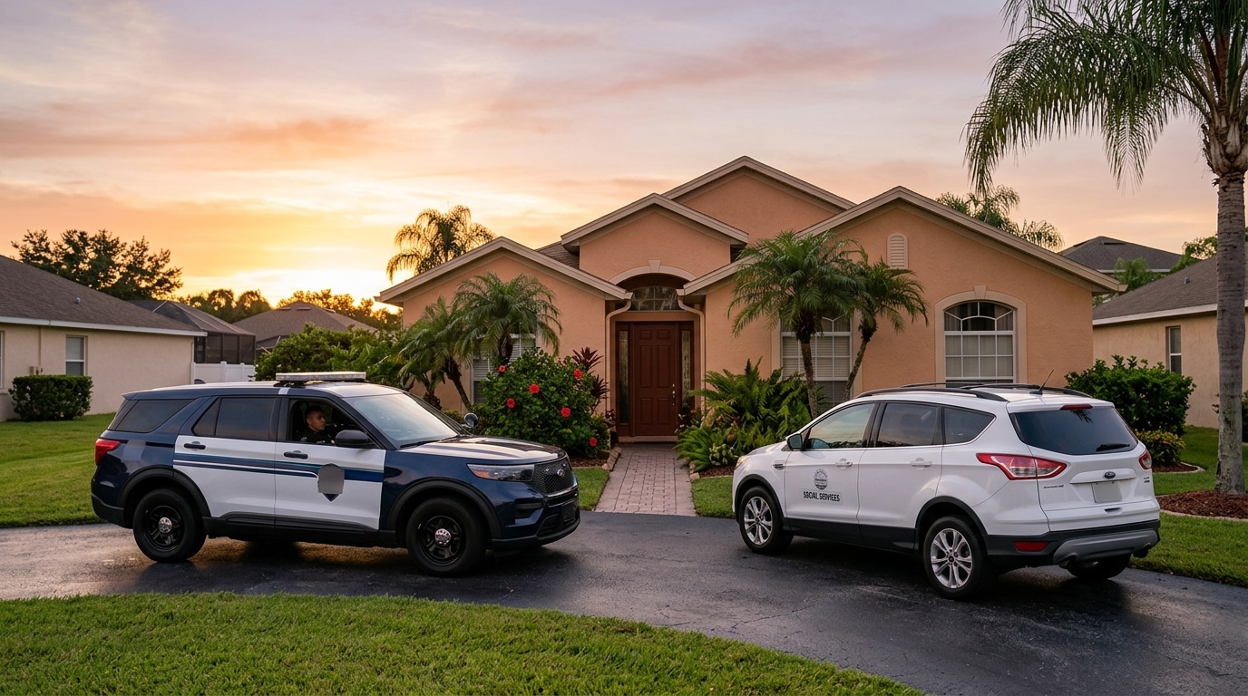 Voiture de police devant une maison de Floride au crépuscule