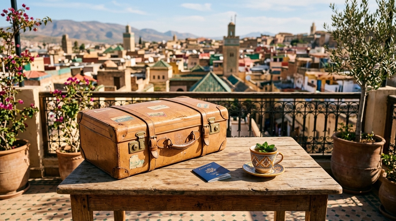 Valise et thé à la menthe sur une terrasse marocaine