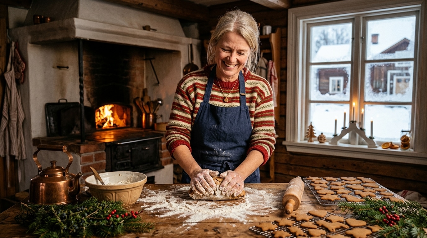 Femme suédoise pétrissant la pâte des gâteaux de Noël