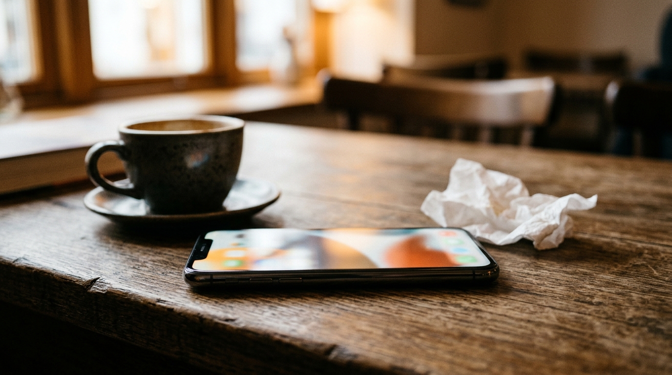 Smartphone posé sur une table à côté d'une tasse et d'un mouchoir, évoquant les messages reçus par Polska