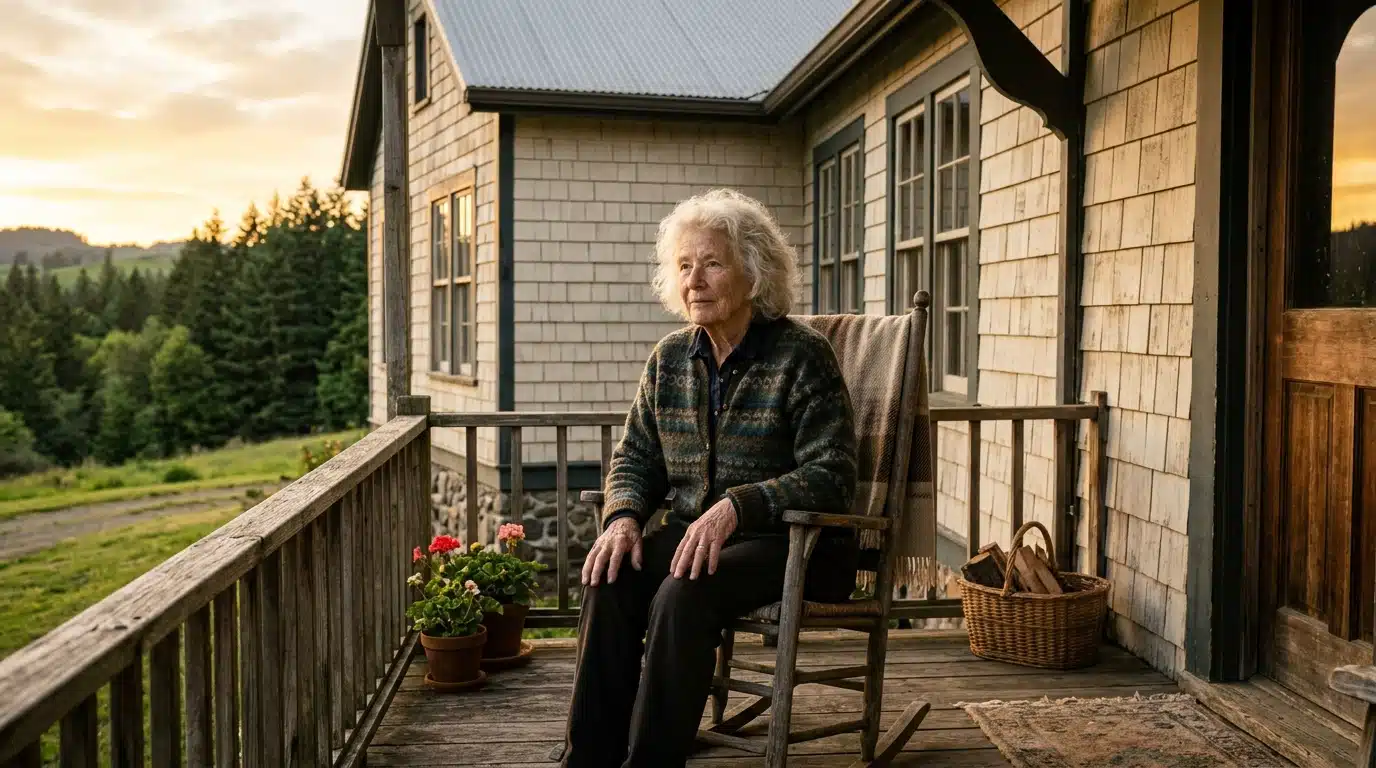 Edith Macefield sur le porche de sa petite maison de Seattle