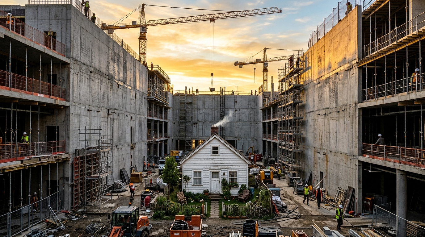 Petite maison de 1900 encerclée par un complexe de cinq étages