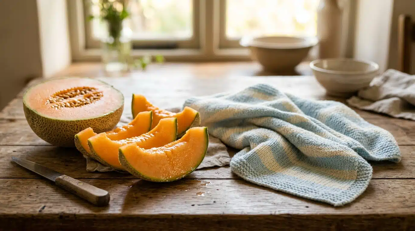 Melon coupé sur table en bois près d'une couverture de bébé