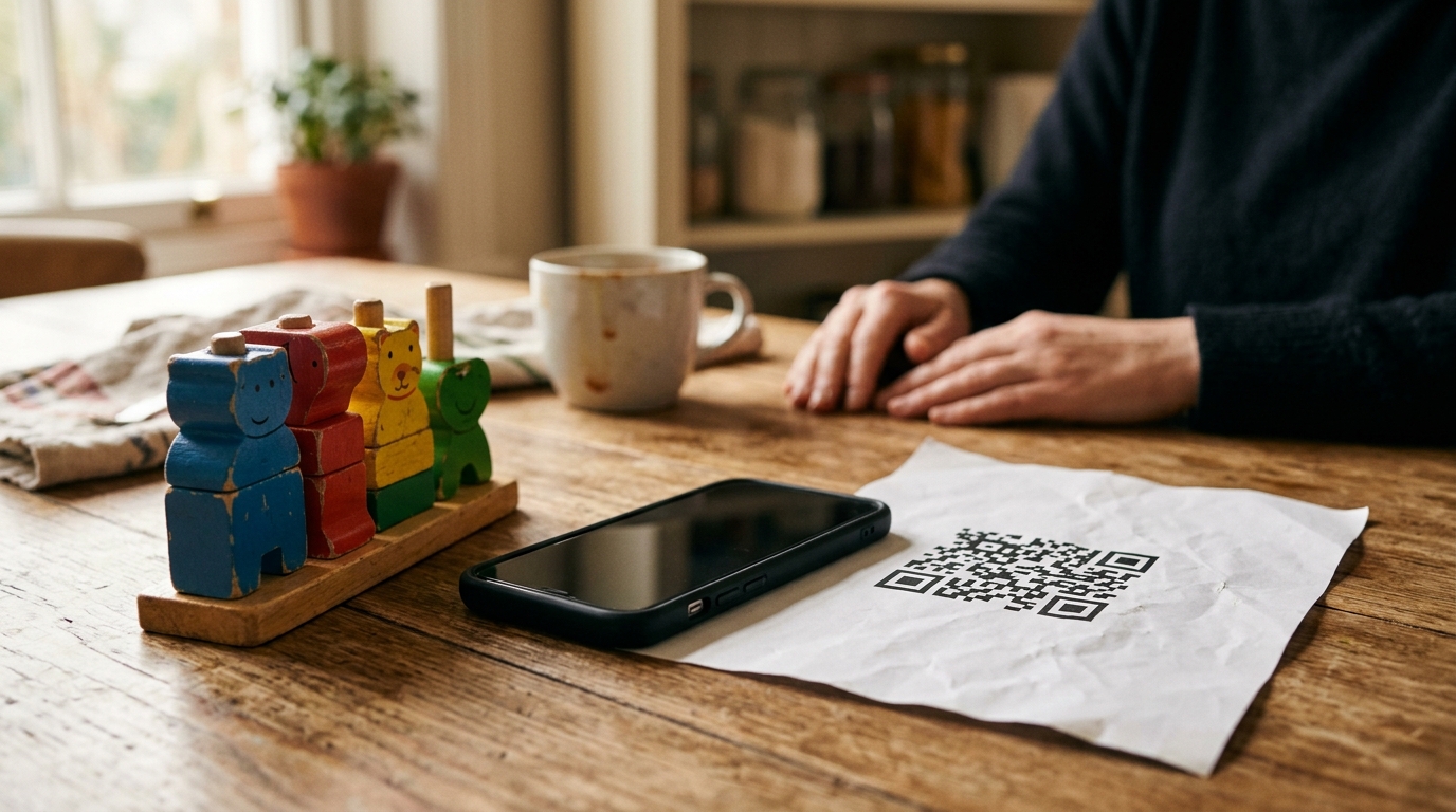 Jouet d'enfant posé près d'un smartphone et d'un QR code