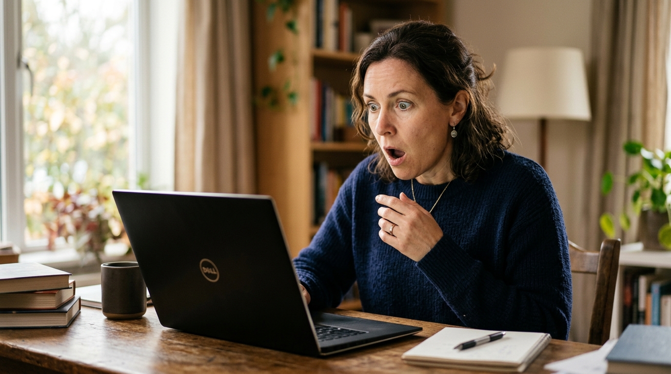 Femme stupéfaite devant son ordinateur portable à la maison