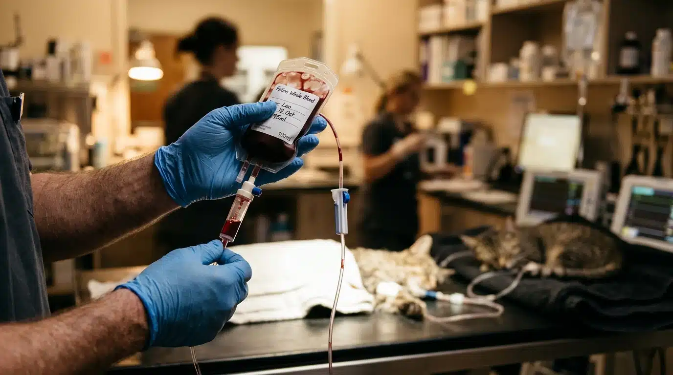 Mains gantées de vétérinaire tenant une poche de transfusion