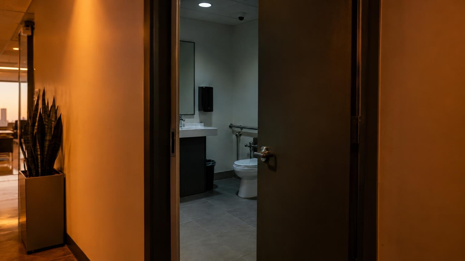 Porte de toilettes du personnel avec caméra dissimulée au plafond