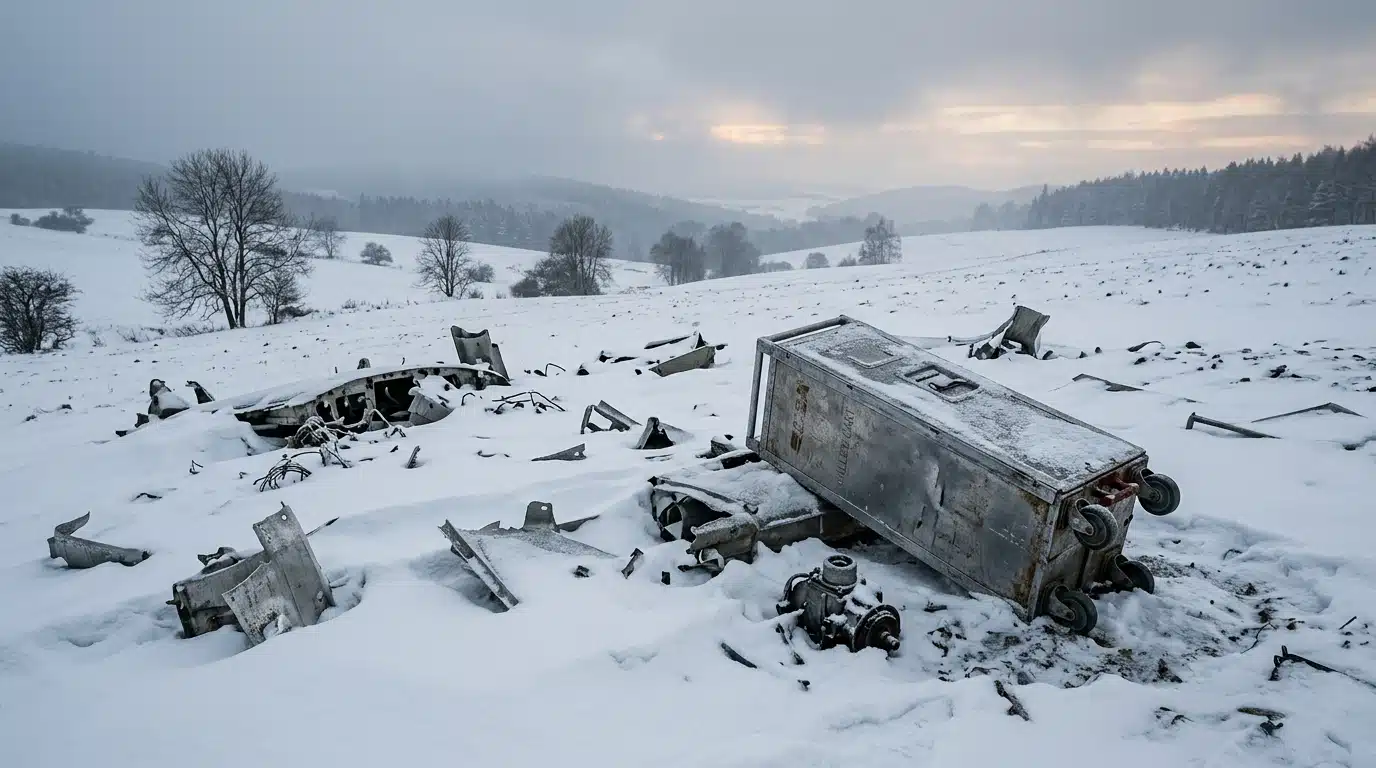 Débris d'avion et chariot de service dans la neige épaisse