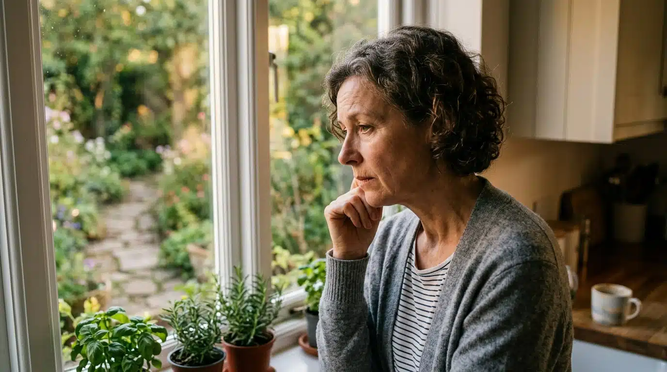 Femme pensive regardant le chemin depuis sa fenêtre