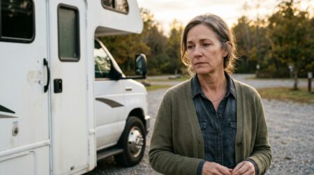 Femme triste devant un camping-car blanc