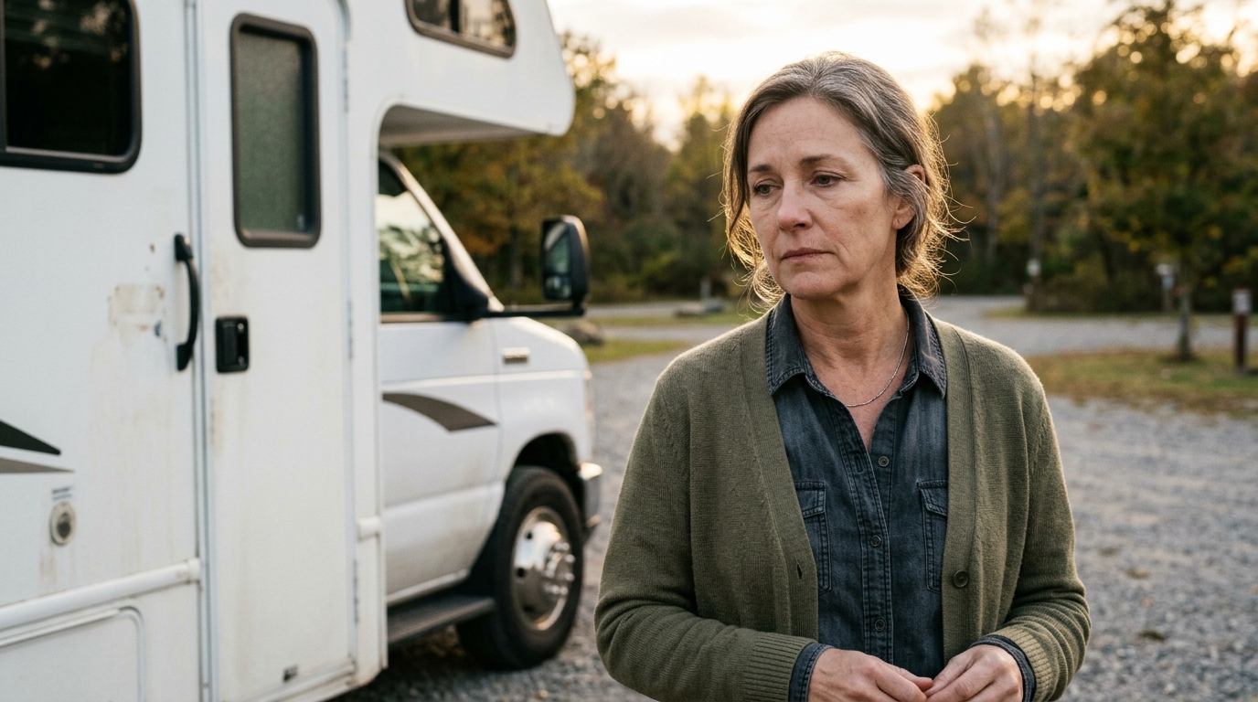 Femme triste devant un camping-car blanc