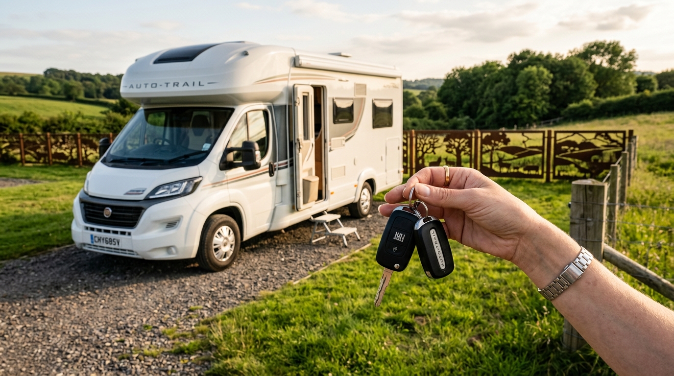 Deux clés de voiture tenues devant un camping-car