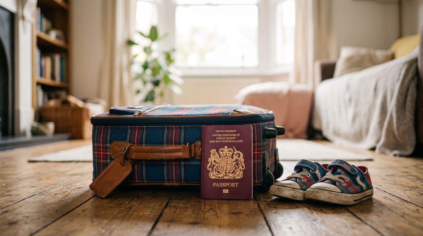 Petite valise d'enfant et baskets posées au sol