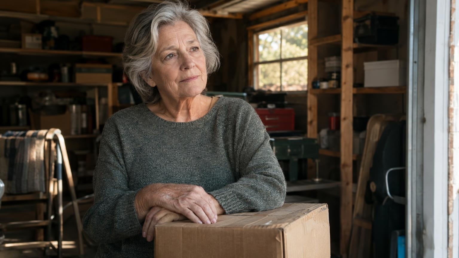 Femme âgée songeuse devant des cartons dans un garage