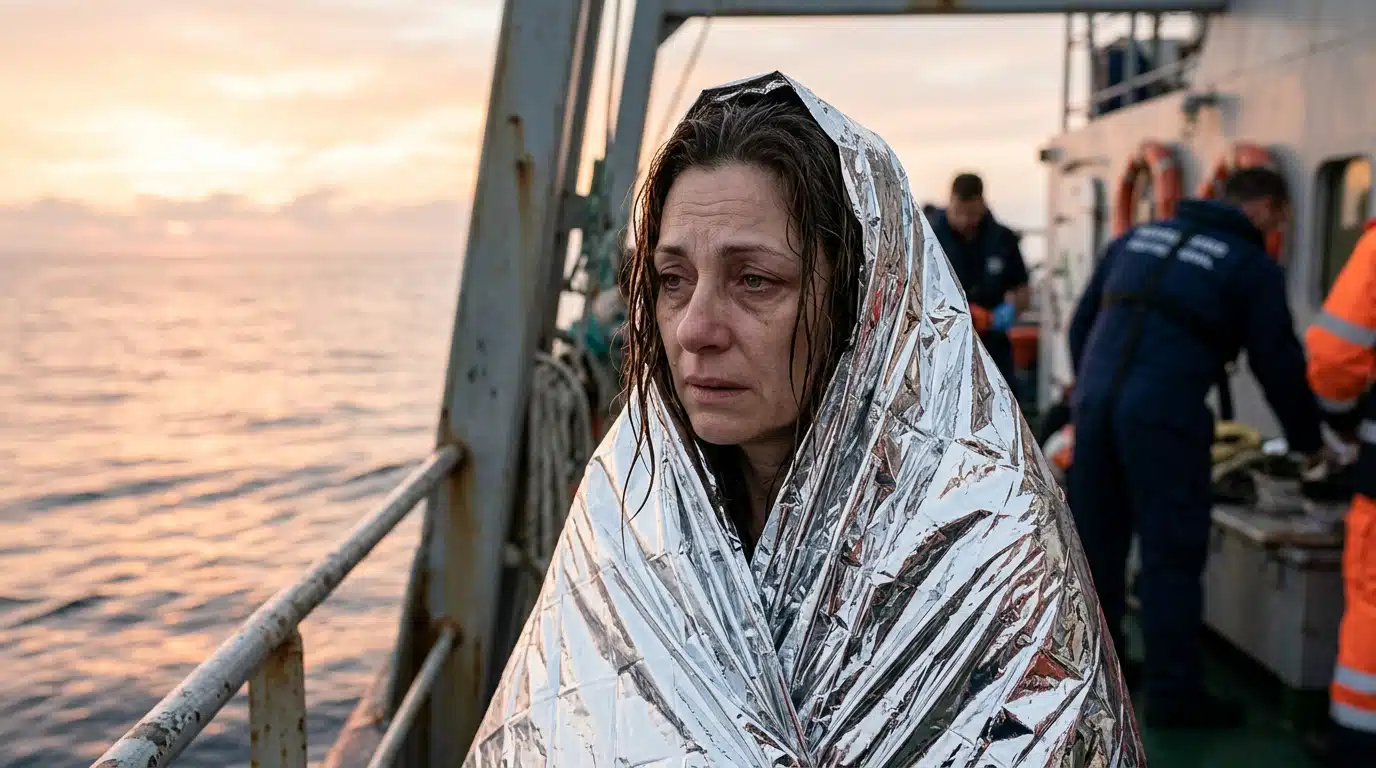 Femme enveloppée dans une couverture sur un bateau de secours