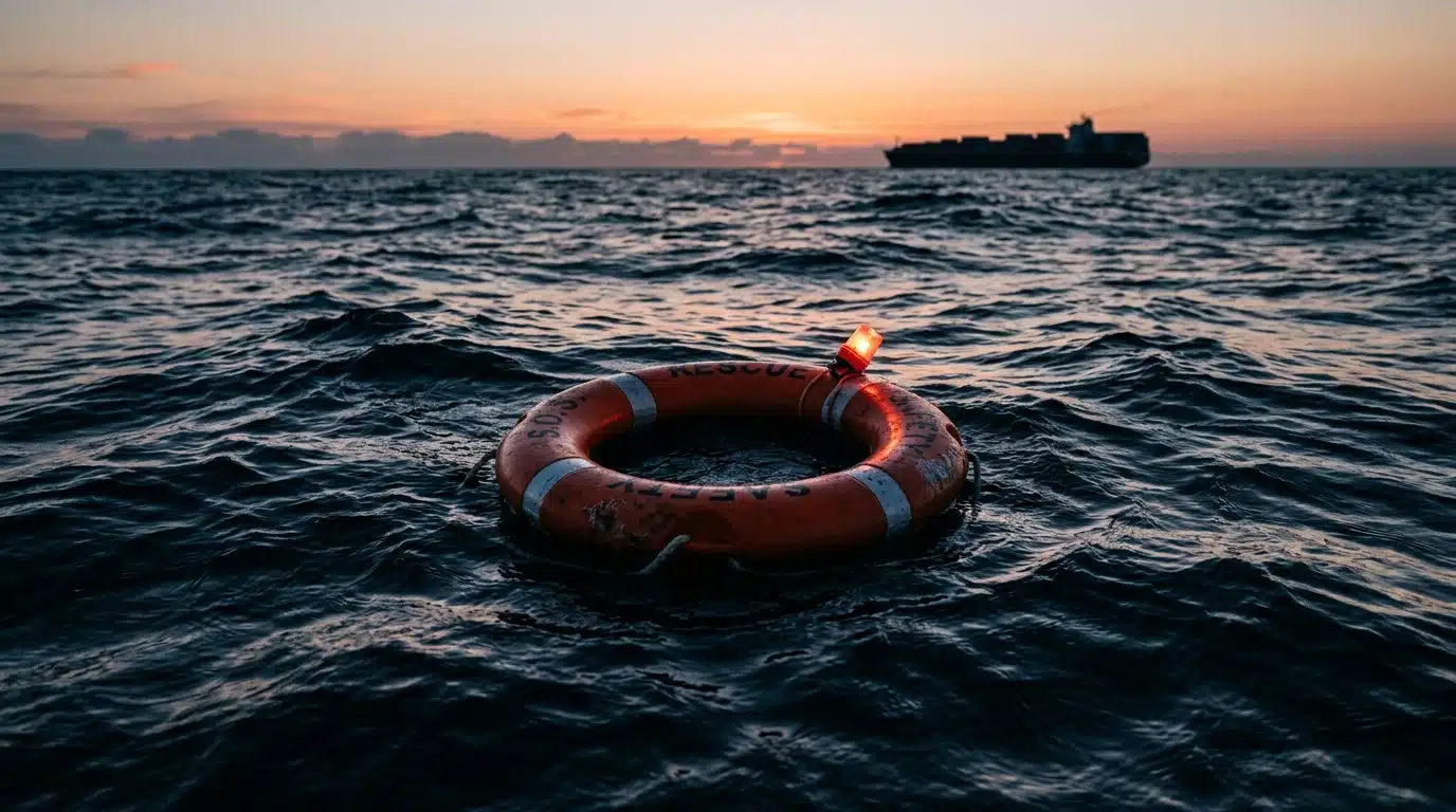 Bouée de sauvetage lumineuse flottant sur la mer à l'aube