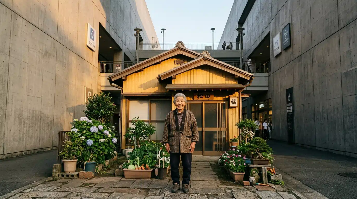 Vieille dame devant sa maison jaune cernée par un centre commercial