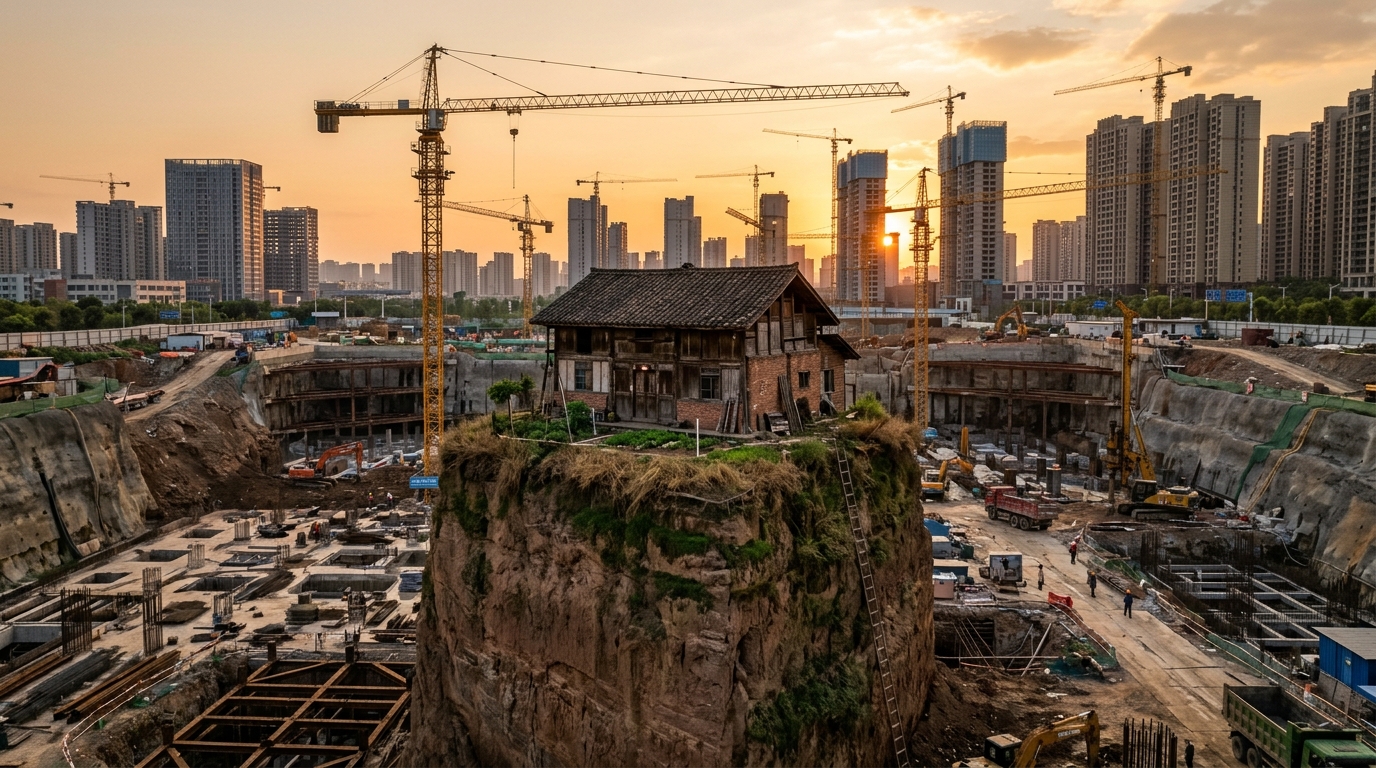 Maison isolée au milieu d'un immense trou de chantier