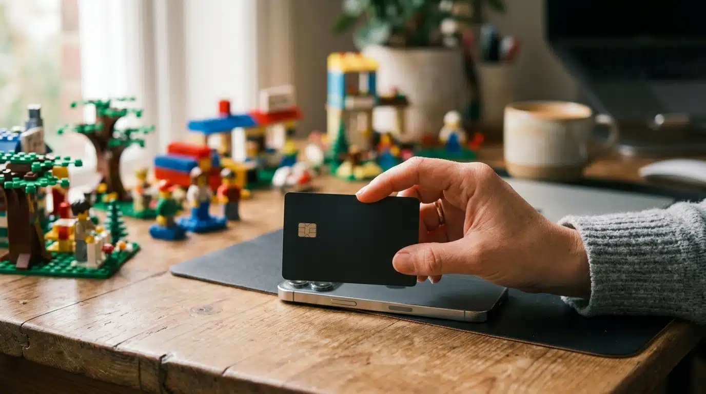 Main tenant une carte bancaire devant un smartphone