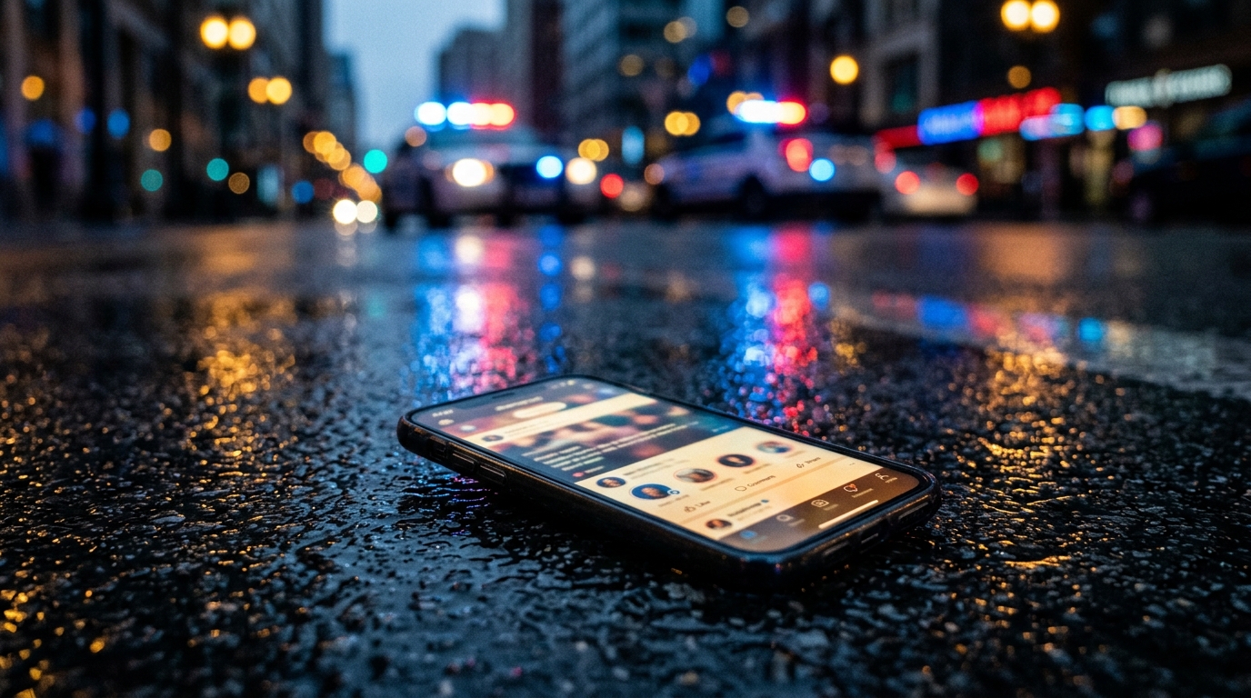 Smartphone posé sur une chaussée mouillée, reflets de gyrophares au crépuscule