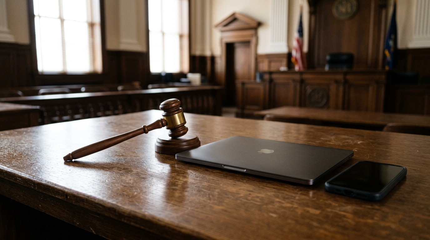 Marteau de juge posé près d'un ordinateur portable et d'un téléphone retourné