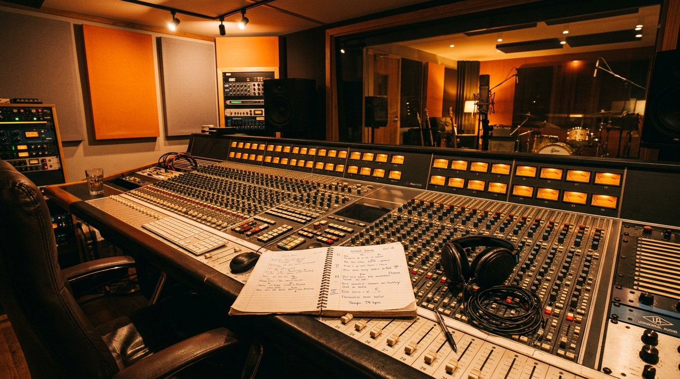 Table de mixage de studio avec casque et carnet de paroles