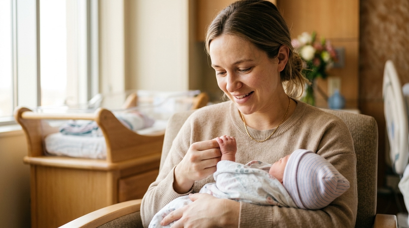 Jeune maman souriante tenant la main d'un nouveau-né