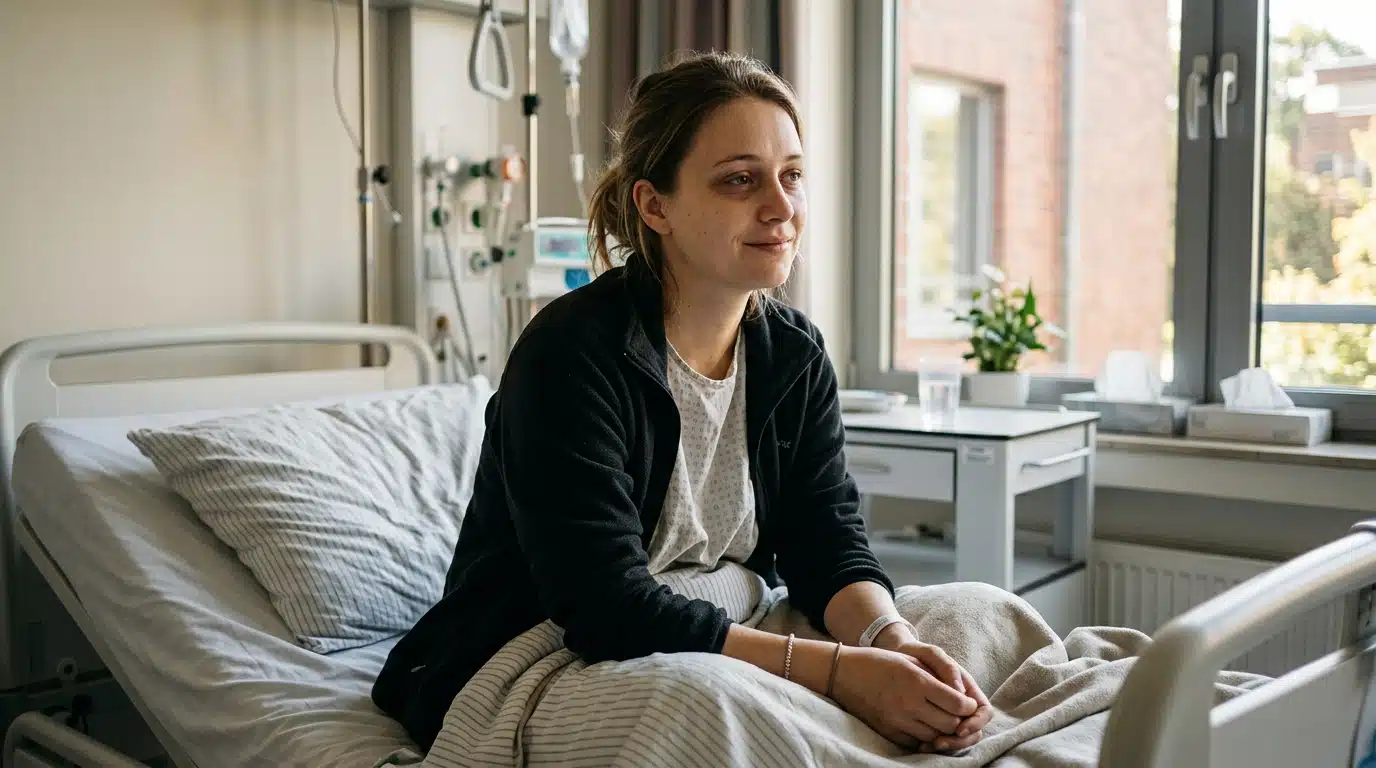 Jeune femme épuisée assise sur un lit d'hôpital