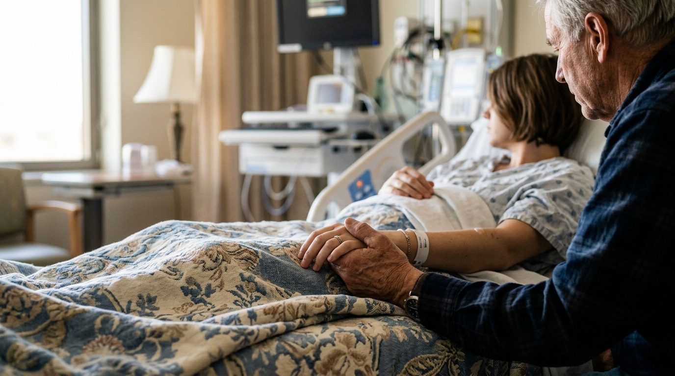 Main d'un père serrant celle de sa fille à l'hôpital