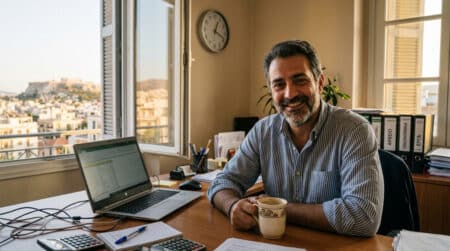 Employé grec souriant à son bureau à Athènes