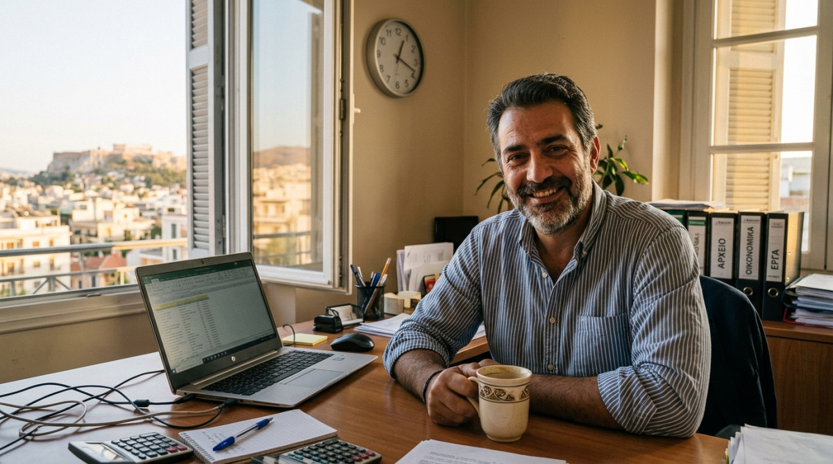 Employé grec souriant à son bureau à Athènes
