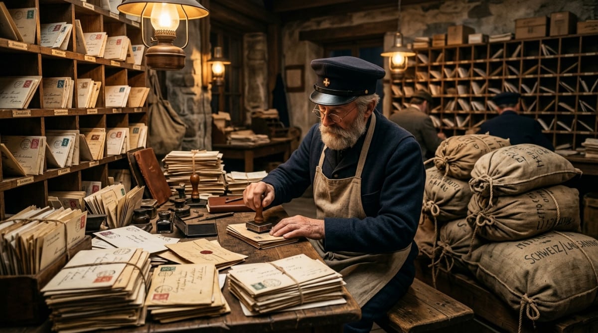 Employé postal du XIXe siècle triant des lettres internationales