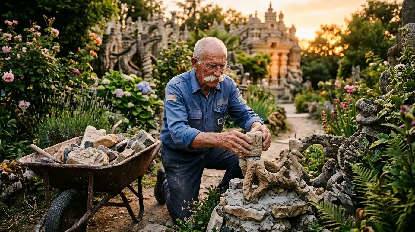 Ferdinand Cheval assemblant des pierres dans son jardin