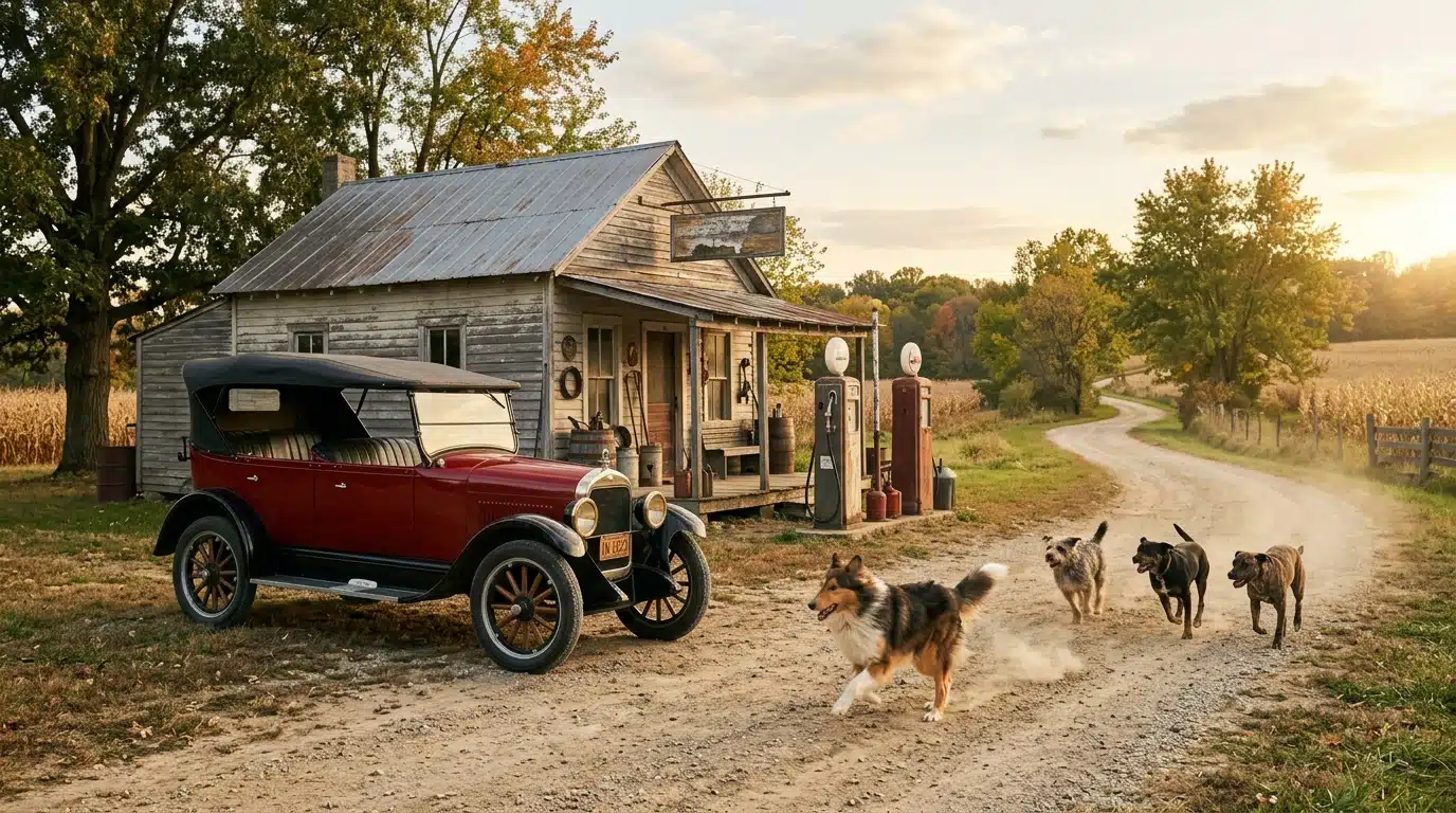 Chien chassé par trois autres près d'une station-service en 1923