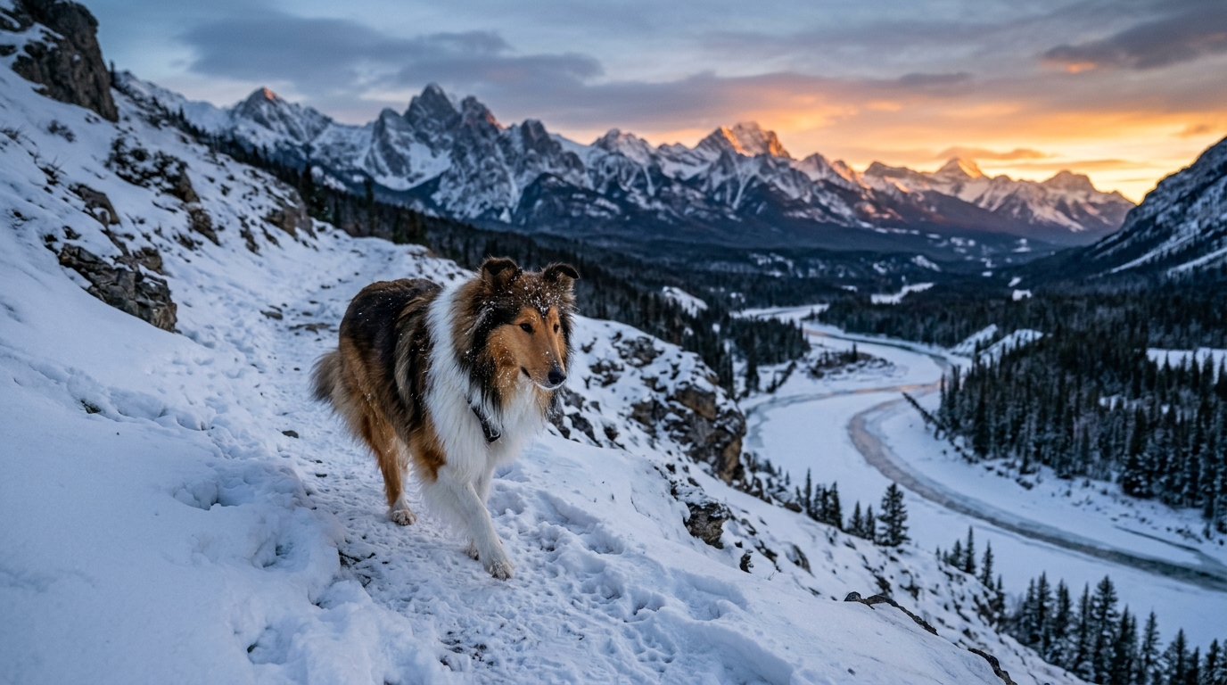 Colley seul traversant des montagnes enneigées en plein hiver