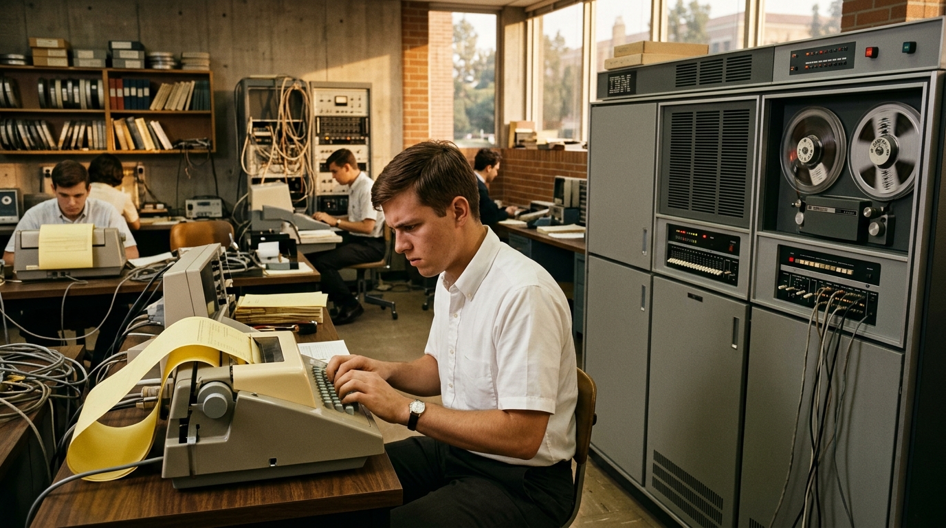 Étudiant tapant sur un terminal devant un énorme ordinateur de 1969