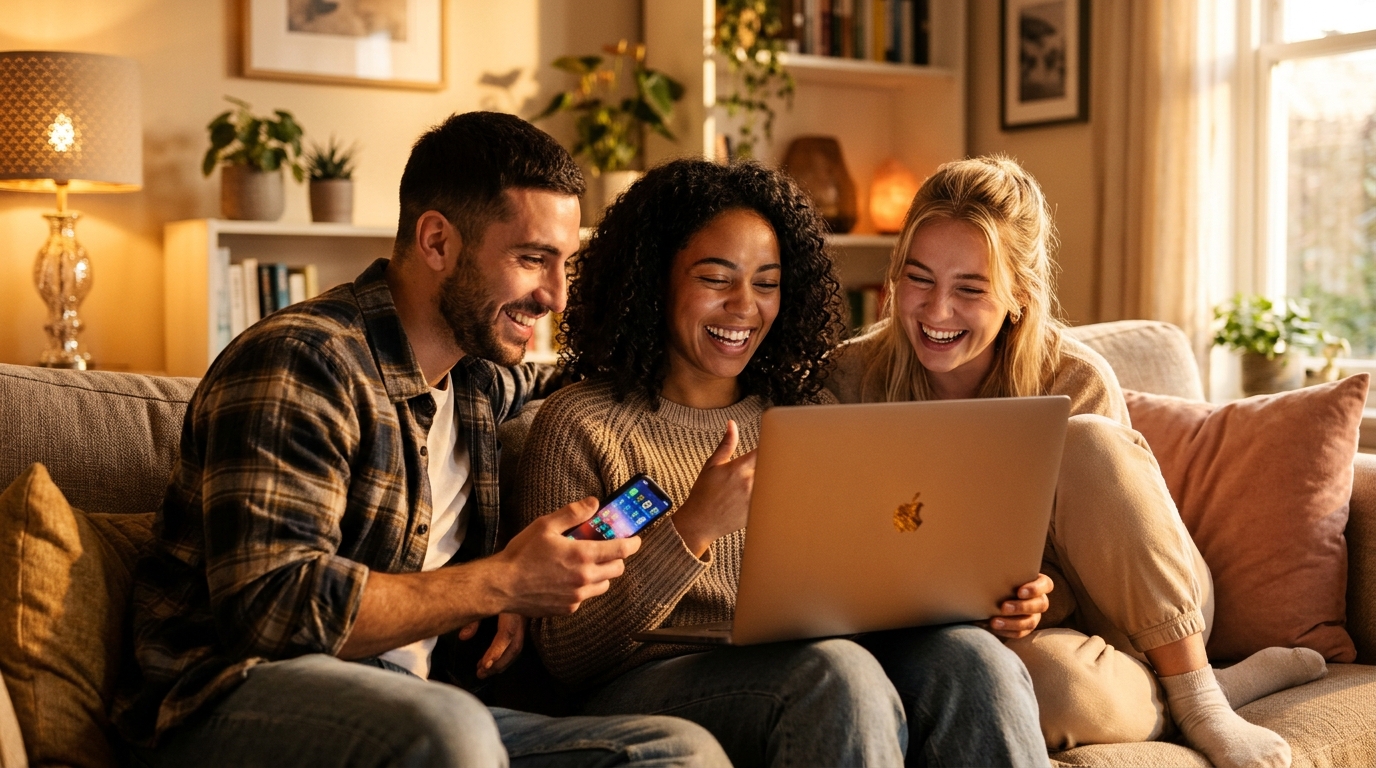 Amis souriants devant un ordinateur portable dans un salon chaleureux