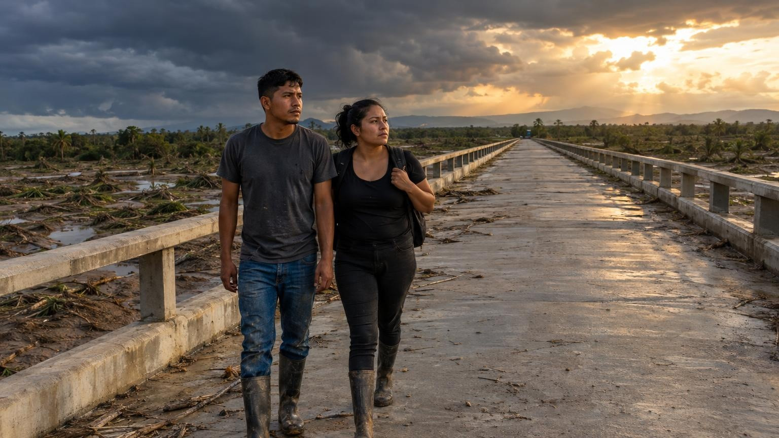Couple marchant sur le pont de Choluteca après l'ouragan