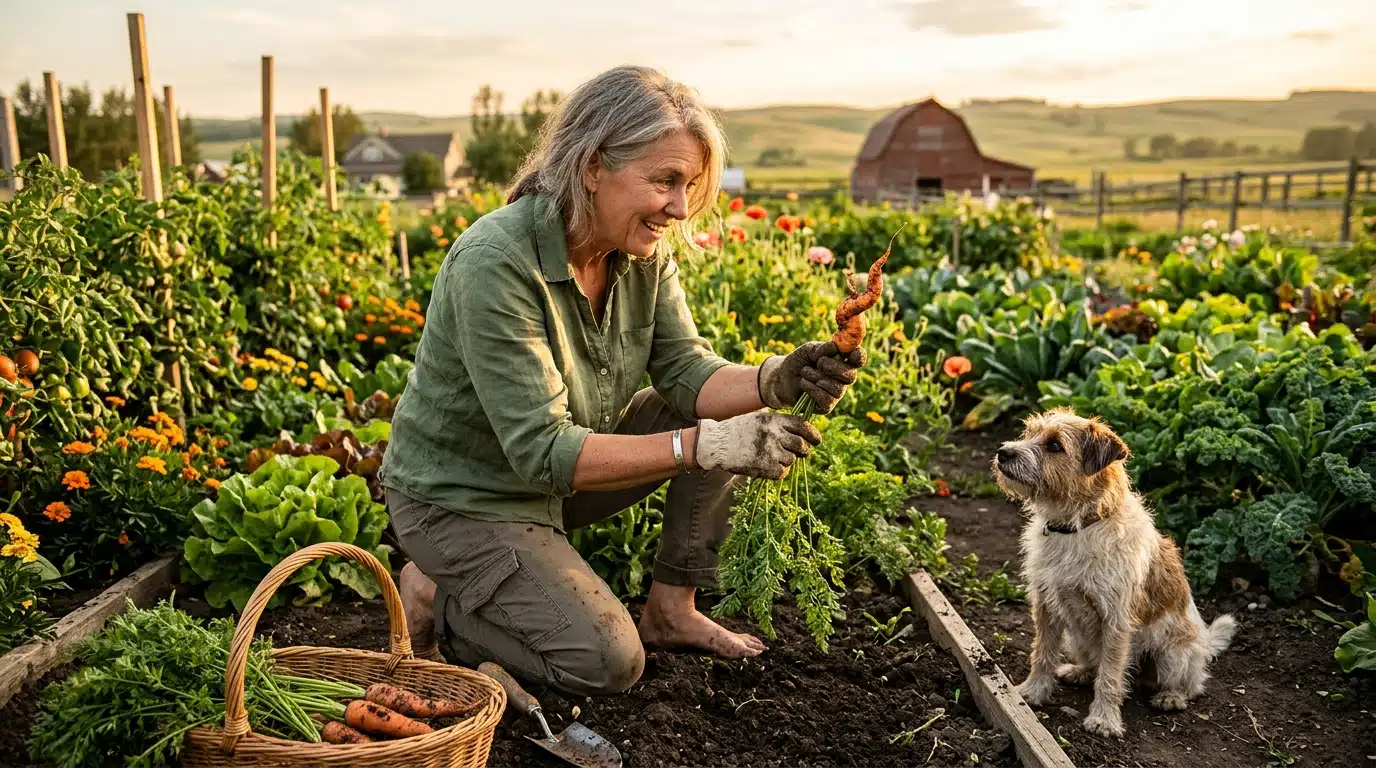 Colleen Daley arrachant une carotte étrange dans le potager