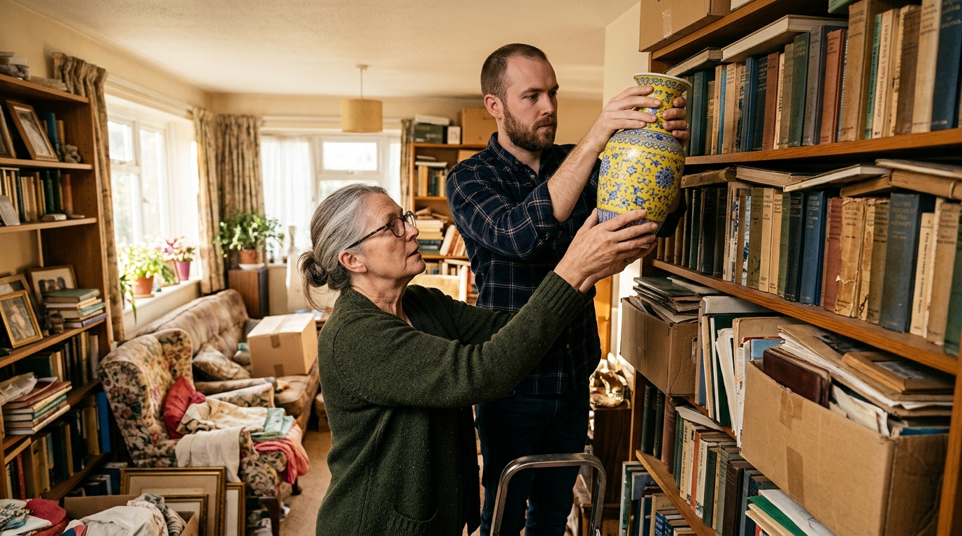 Mère et fils découvrent un vase chinois dans un salon