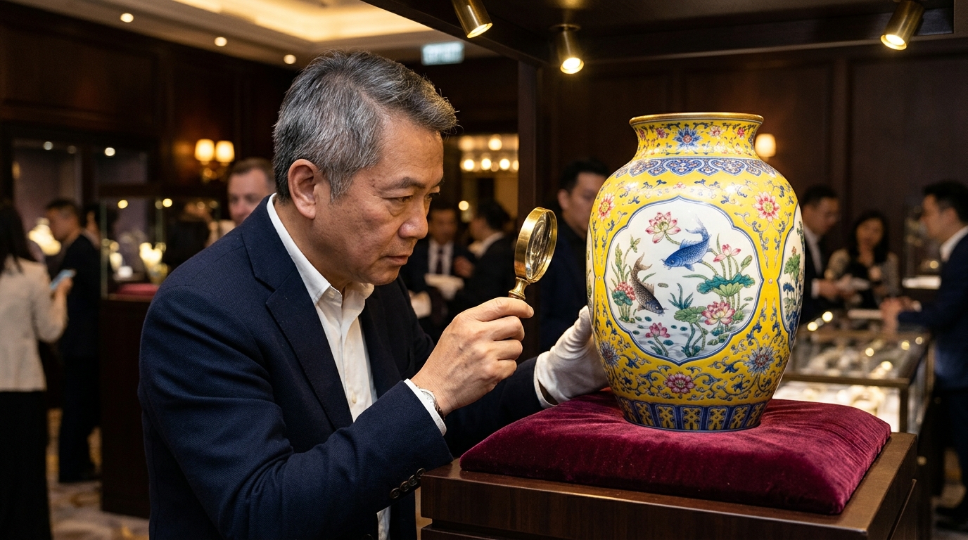 Vase impérial Qianlong jaune et bleu sous les projecteurs