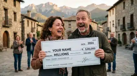 Couple stupéfait et heureux tenant un gros chèque