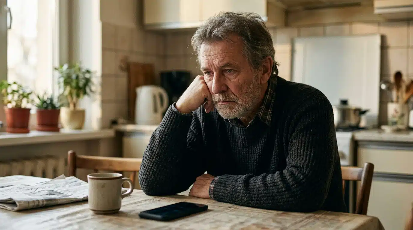 Personne âgée pensive devant un téléphone retourné sur la table