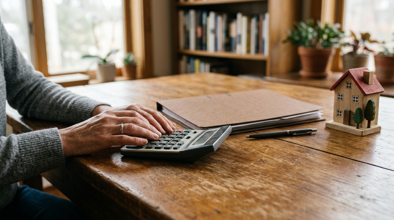 Mains sur une calculatrice près d'un dossier fermé