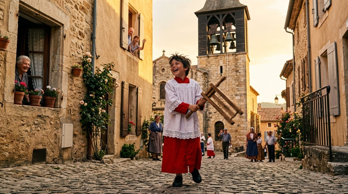 Enfant de chœur agitant une crécelle dans un village