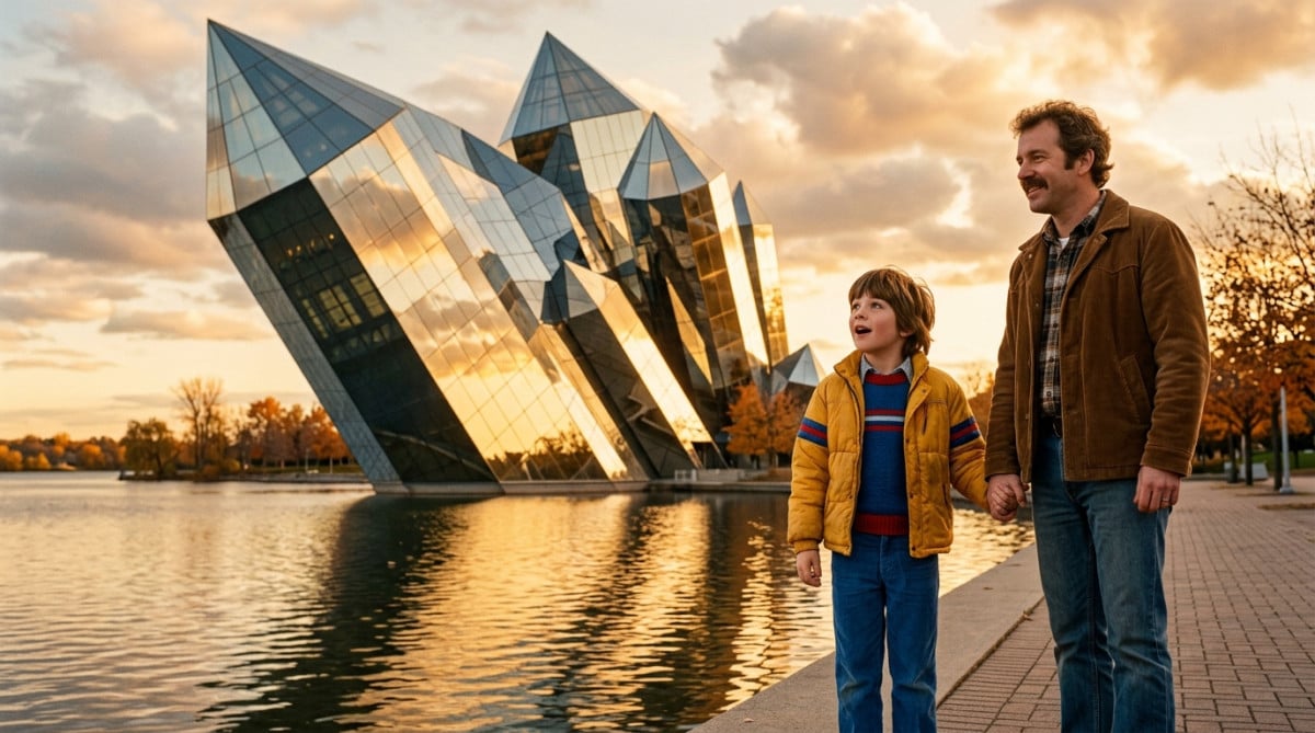 Enfant et père devant le Kinémax en cristal de miroirs
