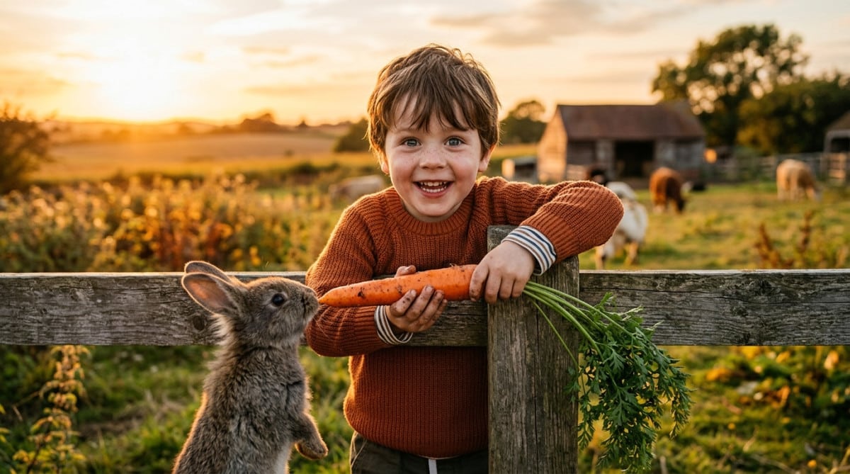 Enfant offrant une carotte à un lapin curieux