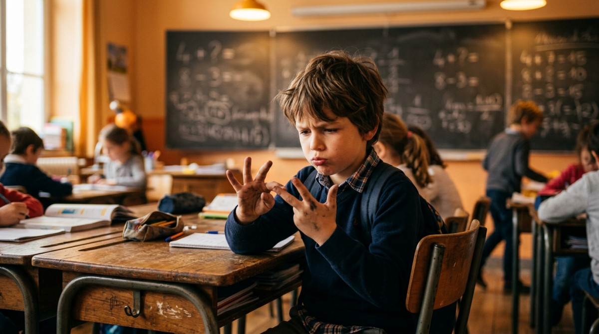 Enfant perplexe qui compte sur ses doigts en classe